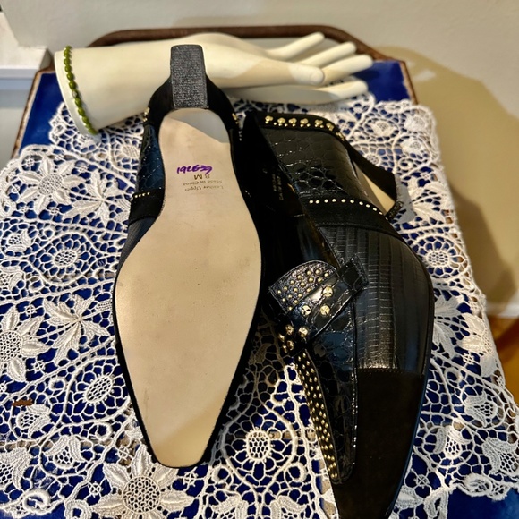 Black Mock Croc, Snake and Suede Court shoes by J. Renee, c1990 - Sz 8M - Picture 5 of 15